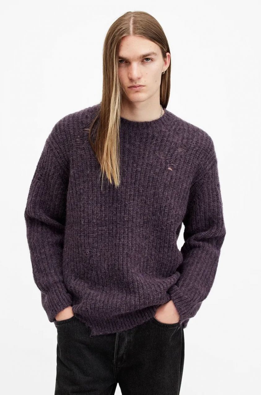 Vlnený sveter AllSaints SLANE pánsky, fialová farba, teplý, M034KB