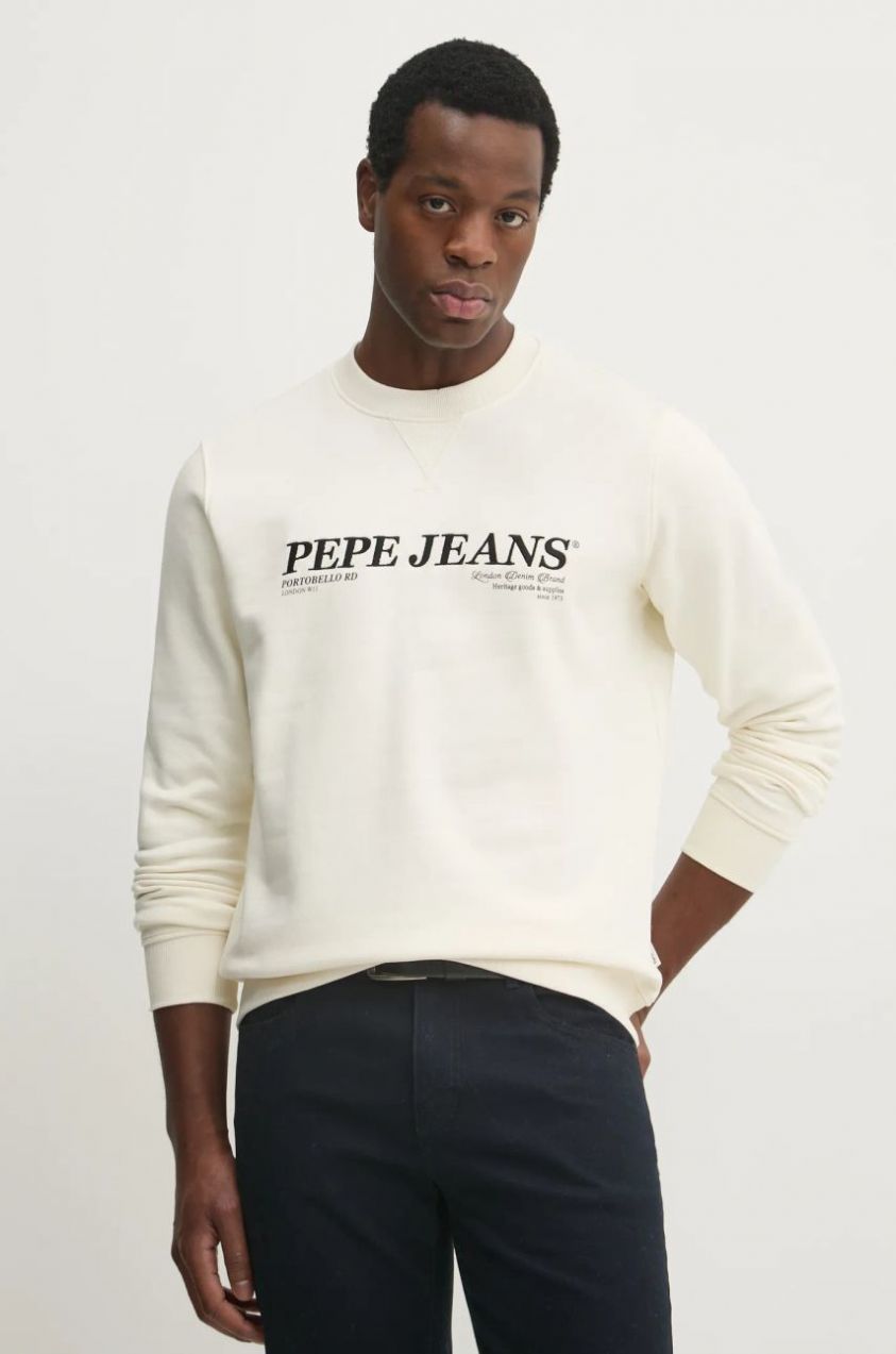 Mikina Pepe Jeans DYLAN CREW pánska, béžová farba, s nášivkou, PM582756