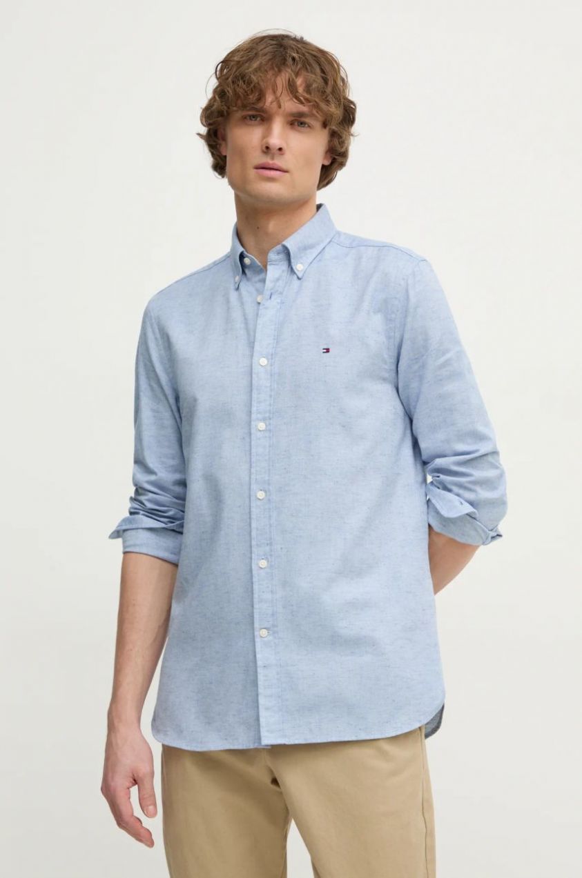 Košeľa s prímesou ľanu Tommy Hilfiger regular, s golierom button-down, MW0MW37574