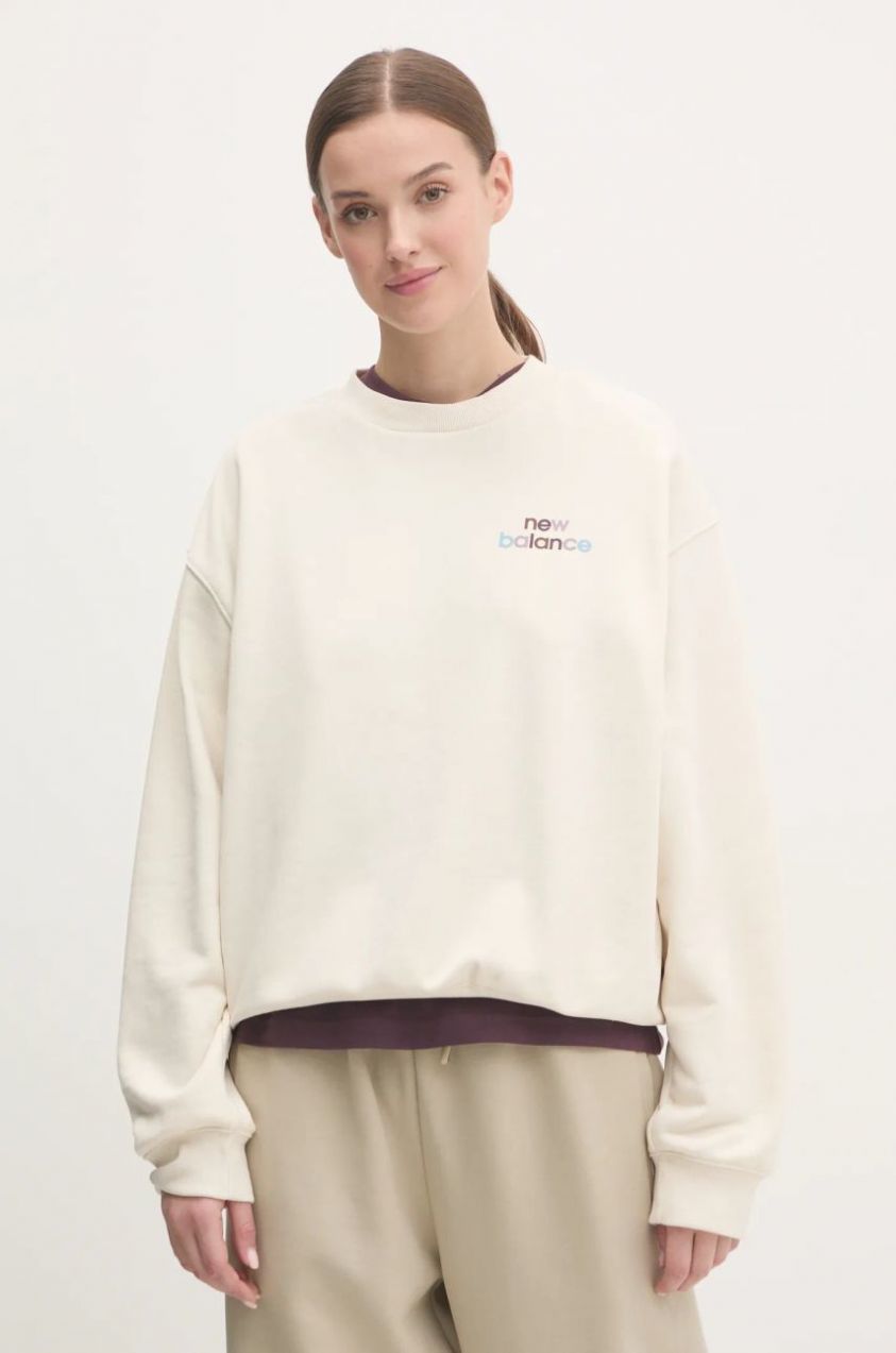 Mikina New Balance dámska, béžová farba, s potlačou, WT43559LIN