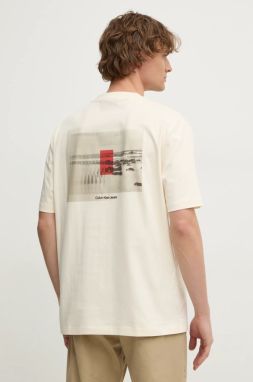 Bavlnené tričko Calvin Klein Jeans pánske, béžová farba, s nášivkou, J30J327094