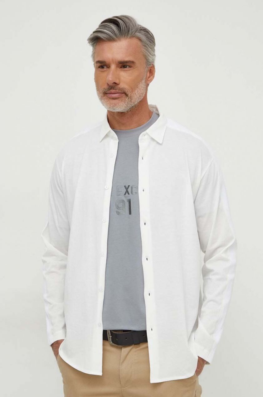 Bavlnená košeľa Armani Exchange pánska, béžová farba, voľný strih, s klasickým golierom, 3DZCLA ZJ9AZ