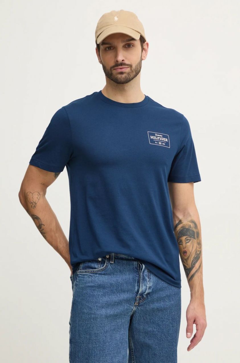 Bavlnené tričko Tommy Hilfiger pánske, tmavomodrá farba, s potlačou, MW0MW37454
