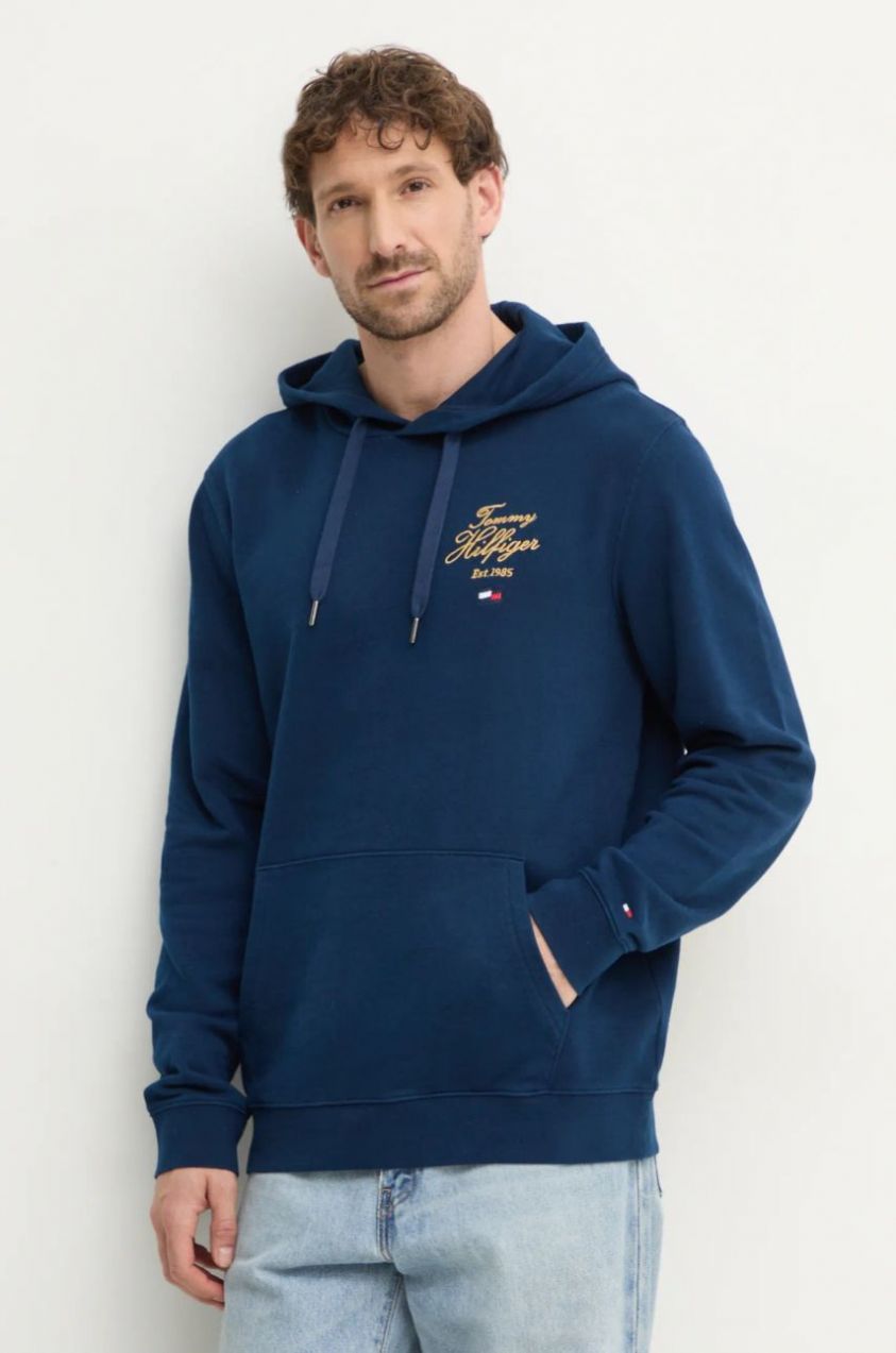 Mikina Tommy Hilfiger pánska, tmavomodrá farba, s kapucňou, s nášivkou, MW0MW37475