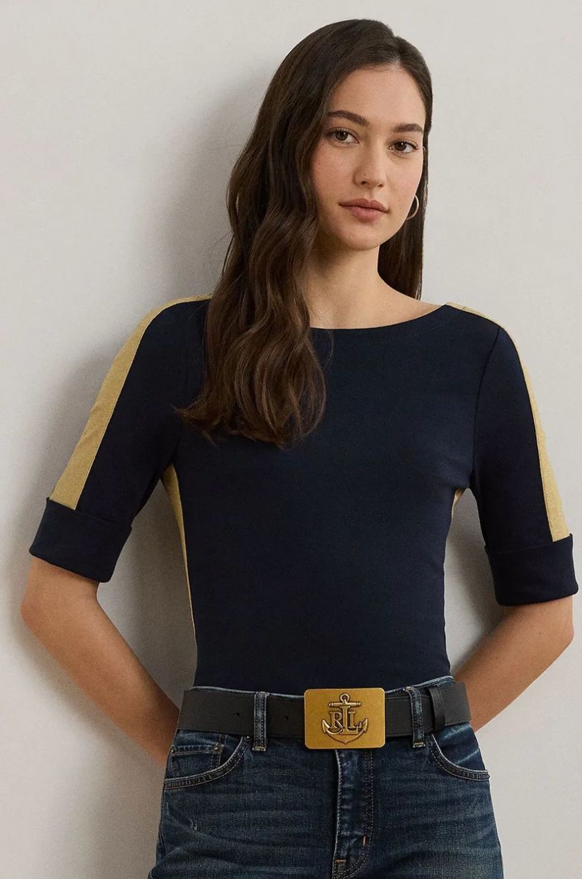 Bavlnené tričko Lauren Ralph Lauren dámske, tmavomodrá farba, 200963099