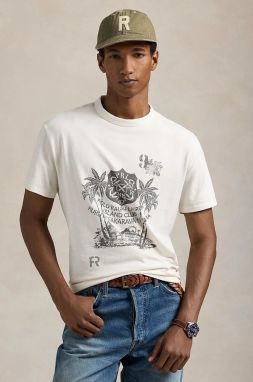 Bavlnené tričko Polo Ralph Lauren pánske, biela farba, s potlačou, 710958247