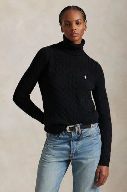 Vlnený sveter Polo Ralph Lauren dámsky, čierna farba, tenký, s rolákom, 211888686