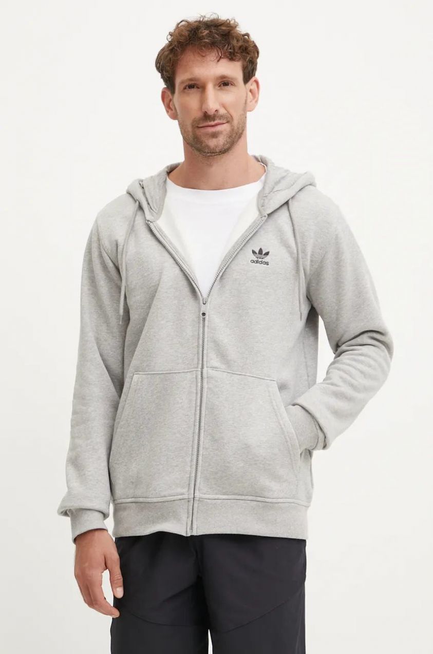 Mikina adidas Originals Essential pánska, šedá farba, s kapucňou, jednofarebná, IY7354