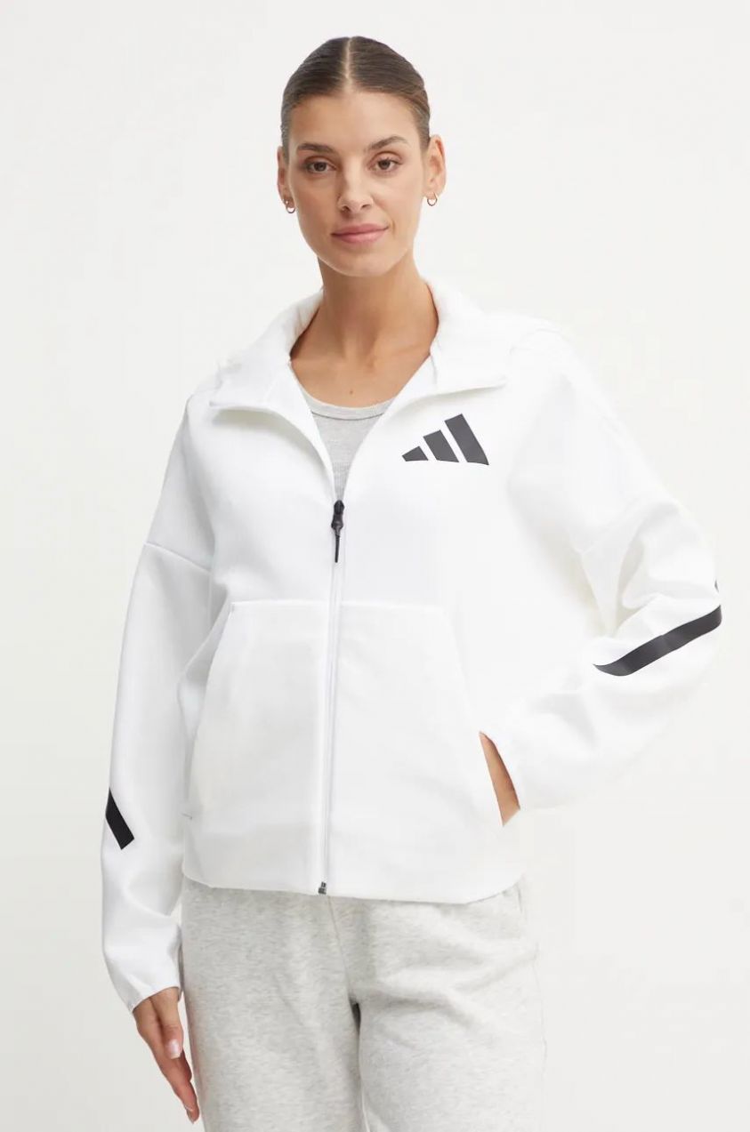 Mikina adidas  Z.N.E. dámska, biela farba, s kapucňou, s potlačou, JE7849