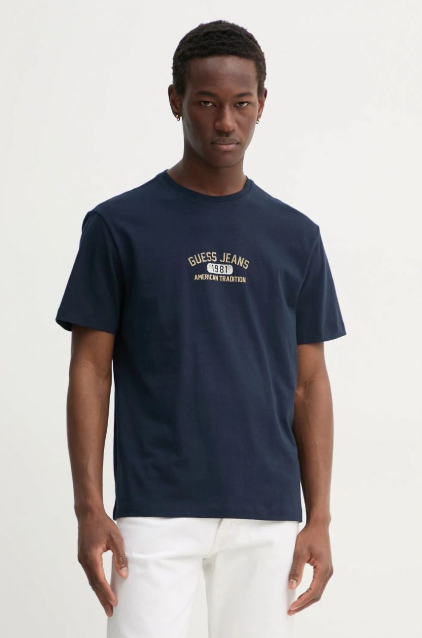 Bavlnené tričko Guess Jeans pánske, tmavomodrá farba, s potlačou, M5RI77 K8FQ4
