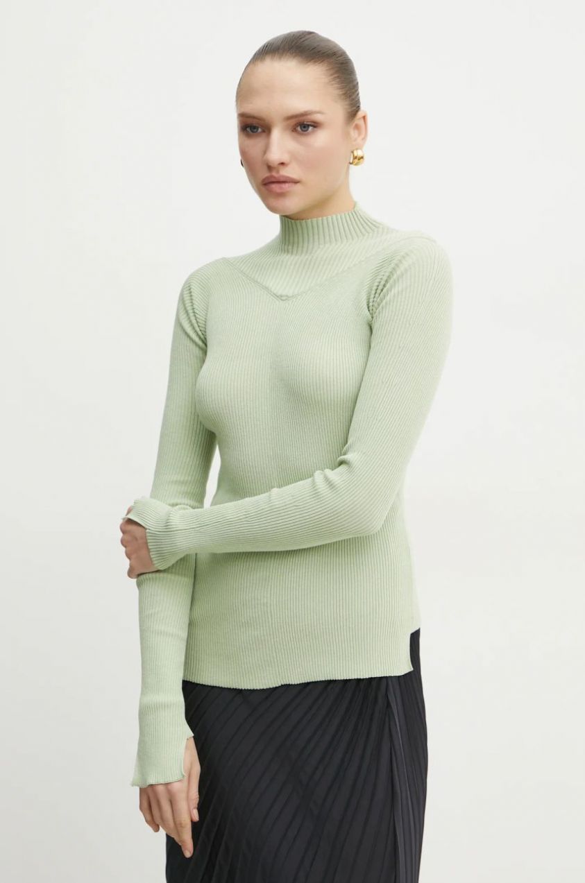 Sveter Victoria Beckham dámsky, zelená farba, tenký, s polorolákom, 1125KTP006102A