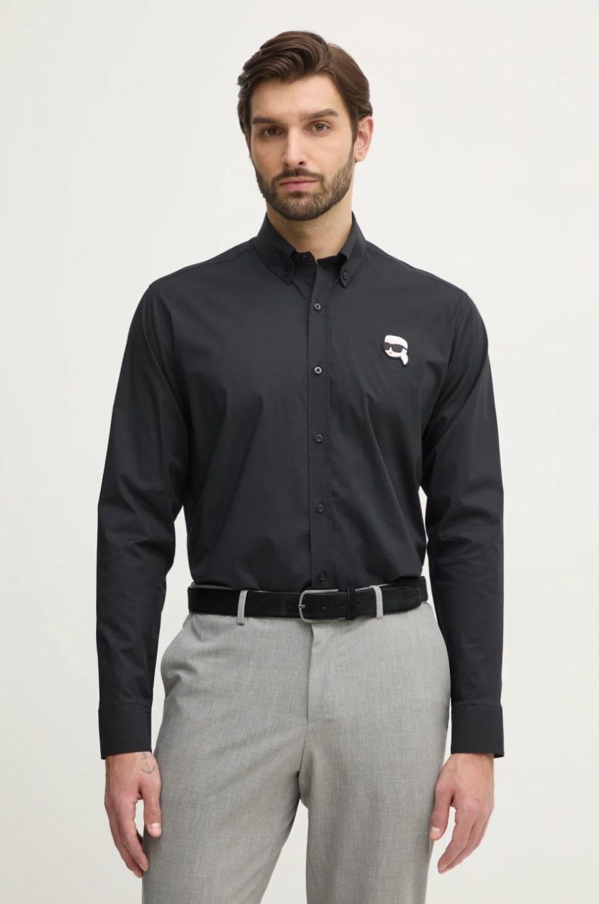 Košeľa Karl Lagerfeld pánska, čierna farba, regular, s golierom button-down