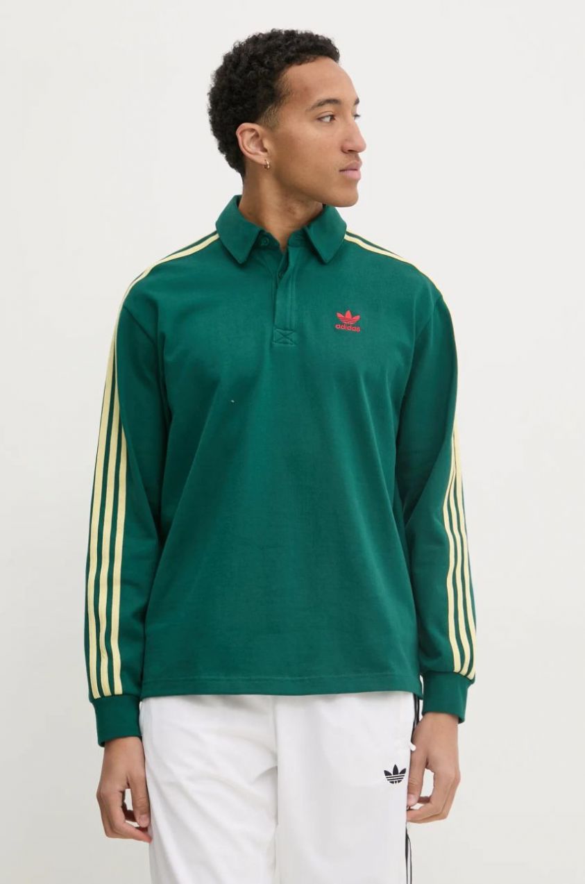 Bavlnené tričko s dlhým rukávom adidas Originals Rugby polo zelená farba, vzorované, JC9915