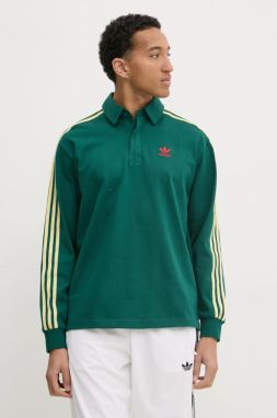Bavlnené tričko s dlhým rukávom adidas Originals Rugby polo zelená farba, vzorované, JC9915