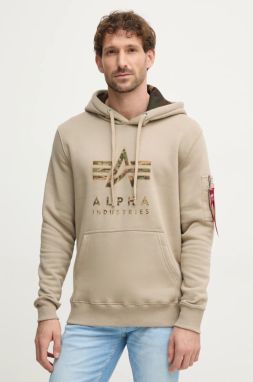 Mikina Alpha Industries pánska, béžová farba, s kapucňou, s potlačou, 146337