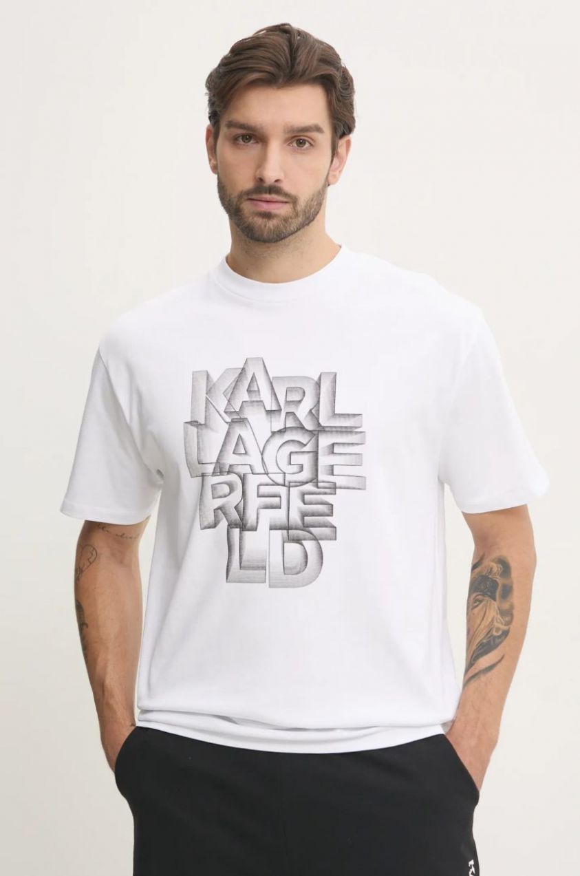 Bavlnené tričko Karl Lagerfeld pánske, biela farba, s potlačou, 551230.755186