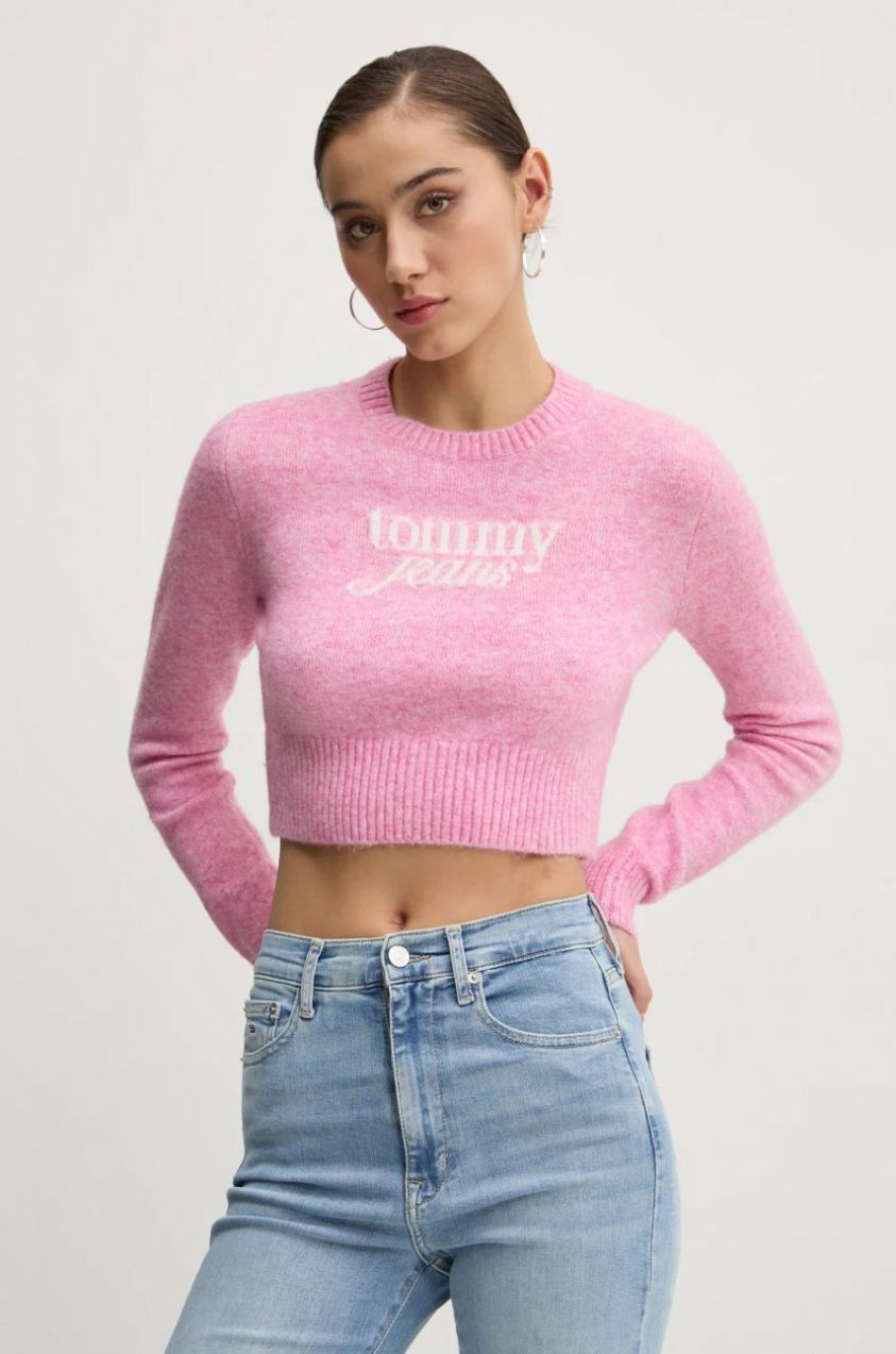 Sveter s prímesou vlny Tommy Jeans dámsky, ružová farba, tenký, DW0DW19895