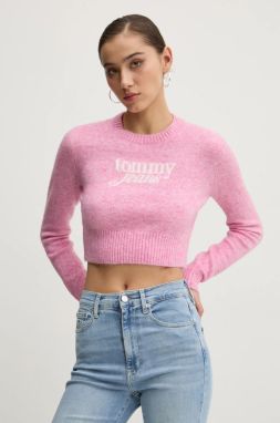 Sveter s prímesou vlny Tommy Jeans dámsky, ružová farba, tenký, DW0DW19895