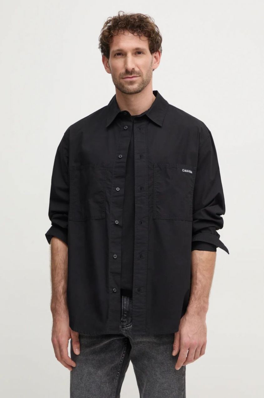 Bavlnená košeľa Calvin Klein Jeans pánska, čierna farba, voľný strih, s klasickým golierom, J30J326721