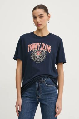 Bavlnené tričko Tommy Jeans dámske, tmavomodrá farba, DW0DW20212