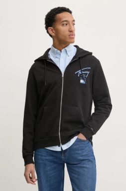 Bavlnená mikina Tommy Jeans pánska, čierna farba, s kapucňou, s nášivkou, DM0DM21101