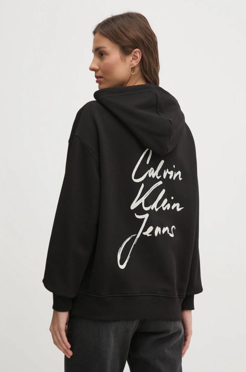 Bavlnená mikina Calvin Klein Jeans dámska, čierna farba, s kapucňou, s potlačou, J20J225493