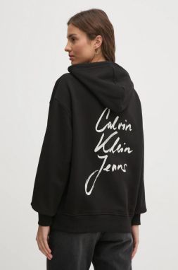 Bavlnená mikina Calvin Klein Jeans dámska, čierna farba, s kapucňou, s potlačou, J20J225493