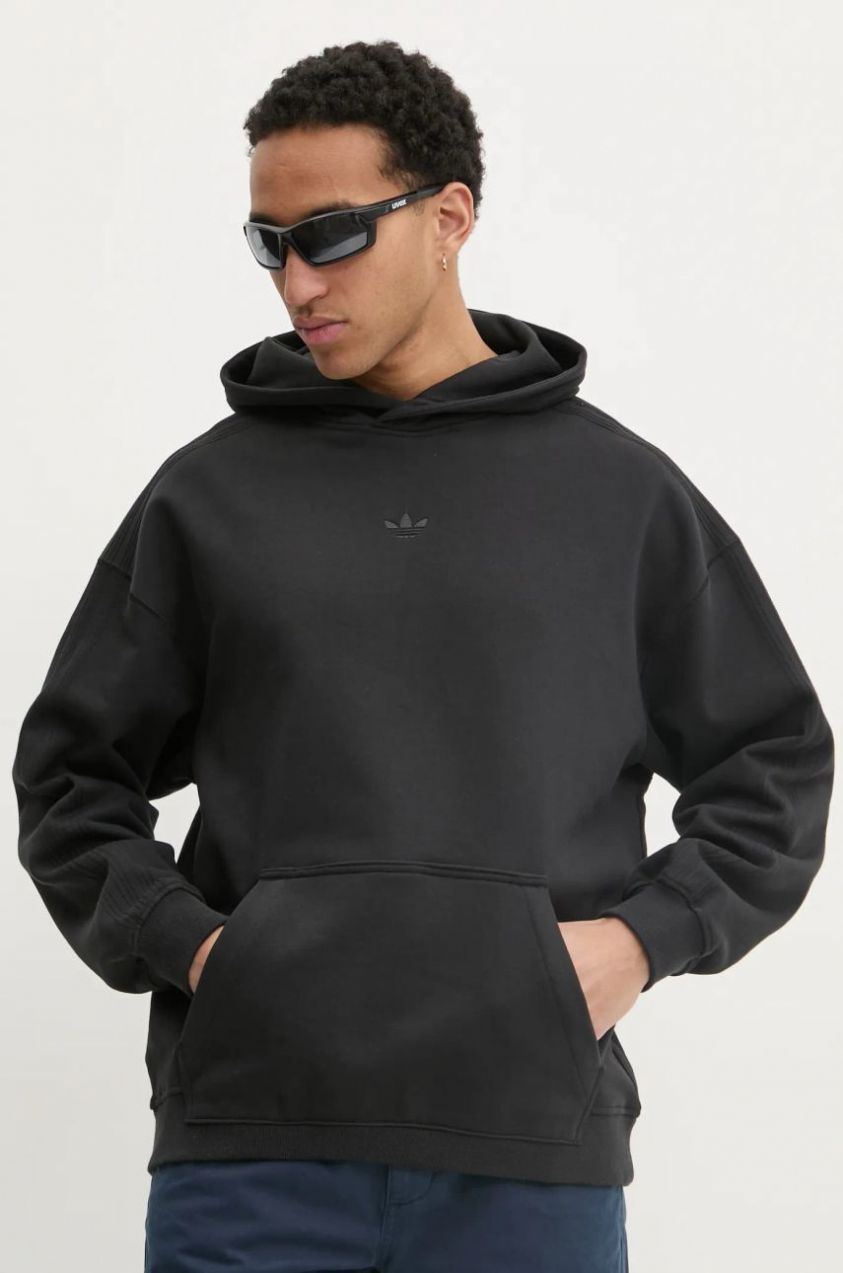 Bavlnená mikina adidas Originals Essential pánska, čierna farba, s kapucňou, jednofarebná, JC9572
