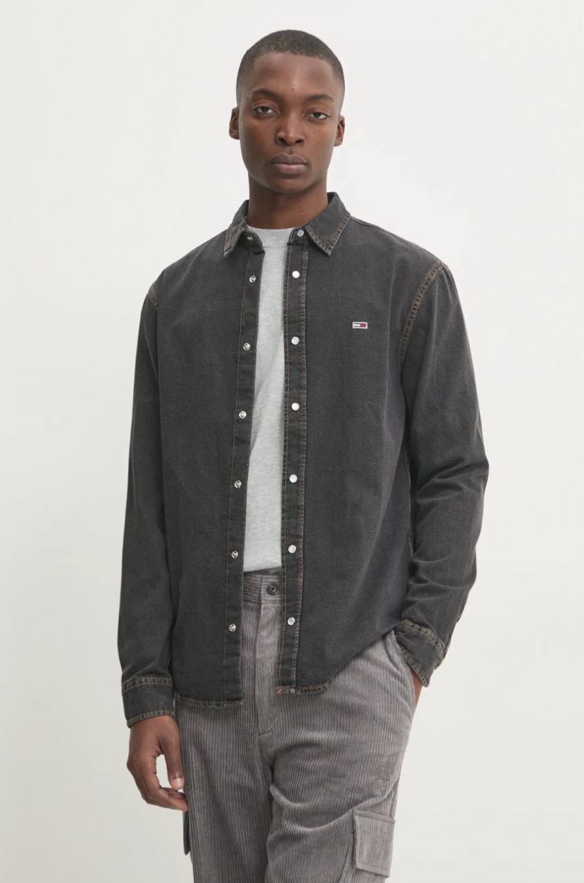 Rifľová košeľa Tommy Jeans pánska, fialová farba, regular, s klasickým golierom, DM0DM21103