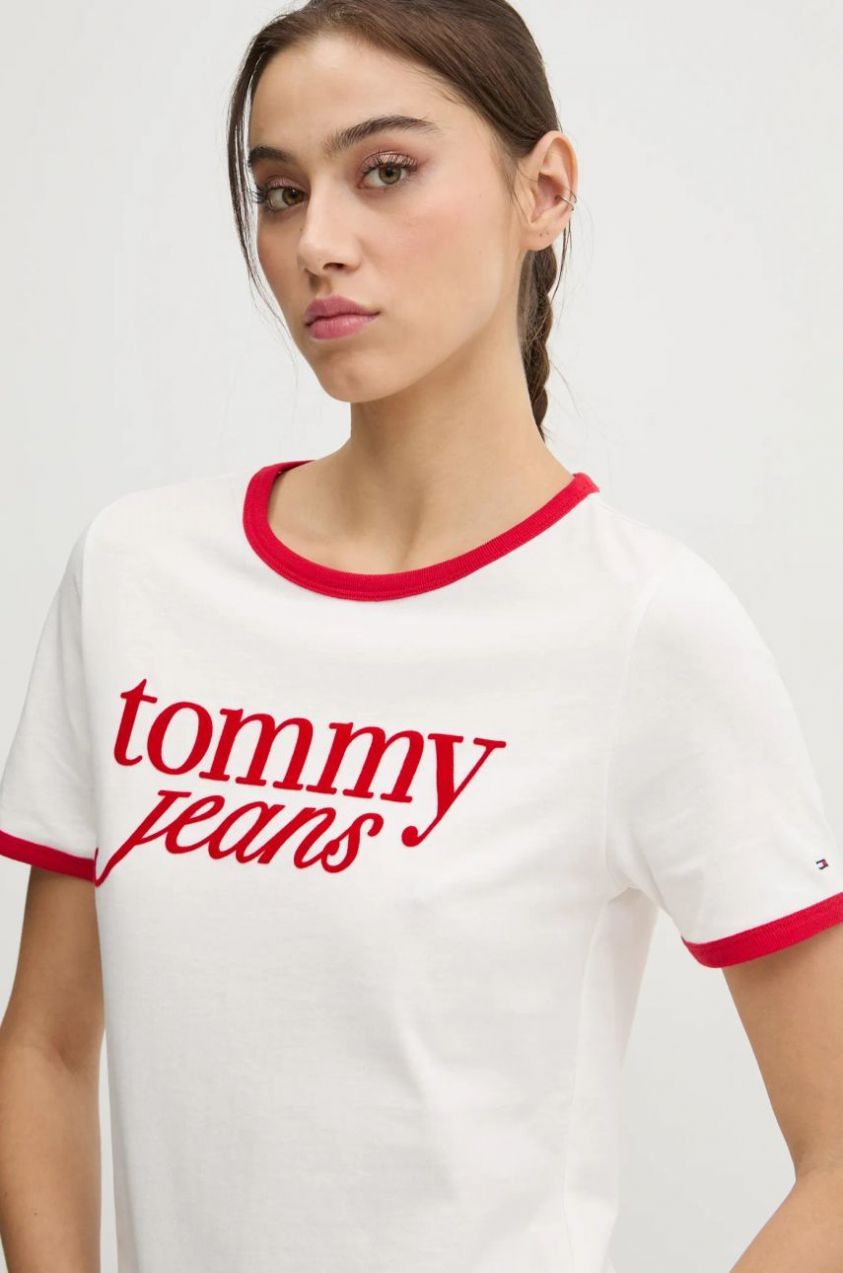 Bavlnené tričko Tommy Jeans dámske, béžová farba, DW0DW19449