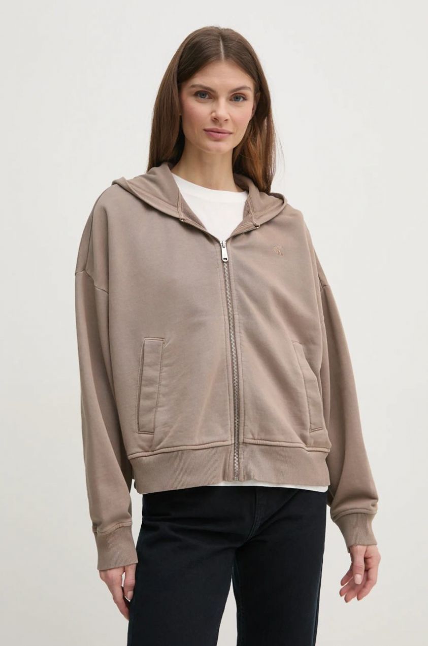 Bavlnená mikina Calvin Klein Jeans dámska, hnedá farba, s kapucňou, jednofarebná, J20J224733