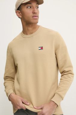 Bavlnená mikina Tommy Jeans pánska, béžová farba, s nášivkou, DM0DM20660