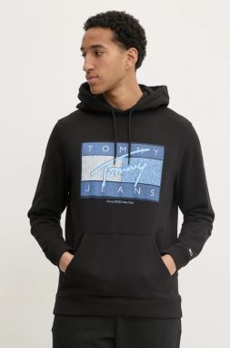 Bavlnená mikina Tommy Jeans pánska, čierna farba, s kapucňou, s potlačou, DM0DM21100