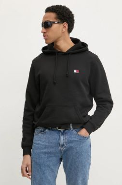 Bavlnená mikina Tommy Jeans pánska, čierna farba, s kapucňou, jednofarebná, DM0DM20258