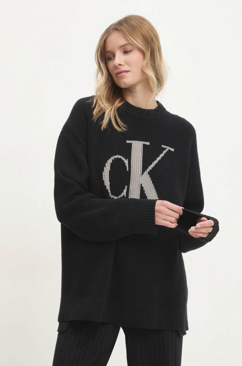 Bavlnený sveter Calvin Klein Jeans čierna farba, teplý, J20J224799
