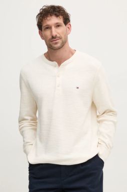 Bavlnené tričko s dlhým rukávom Tommy Hilfiger béžová farba, jednofarebný, MW0MW37507