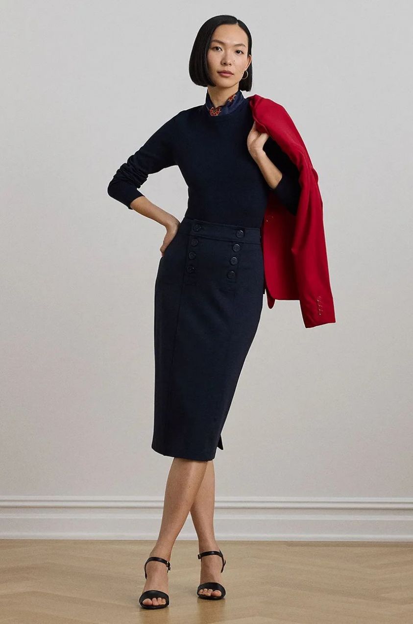 Sukňa Lauren Ralph Lauren tmavomodrá farba, midi, puzdrová, 200957618