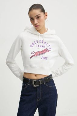Bavlnená mikina Tommy Jeans dámska, biela farba, s kapucňou, s potlačou, DW0DW20171