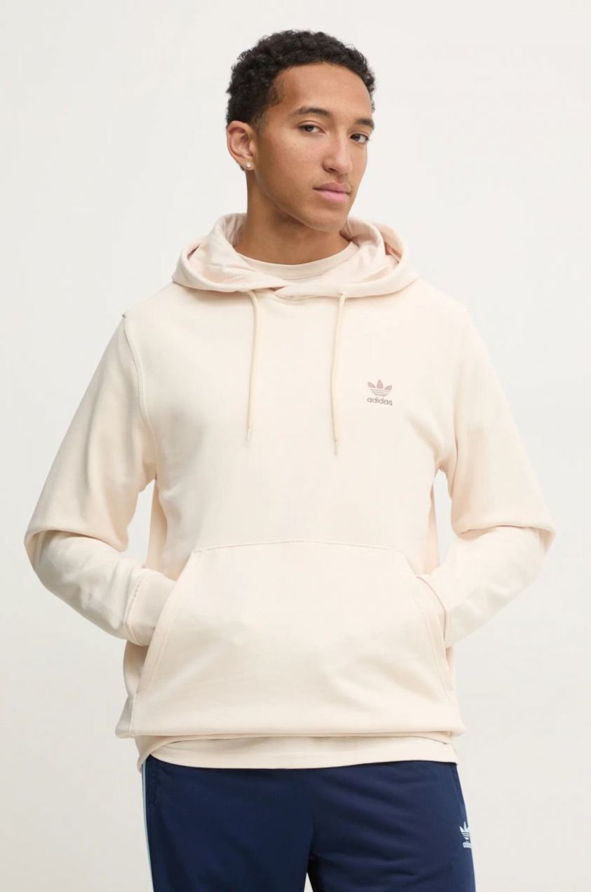 Bavlnená mikina adidas Originals Essential pánska, béžová farba, s kapucňou, jednofarebná, JD2408