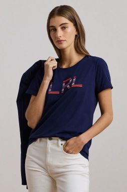 Bavlnené tričko Lauren Ralph Lauren dámske, tmavomodrá farba, 200957668