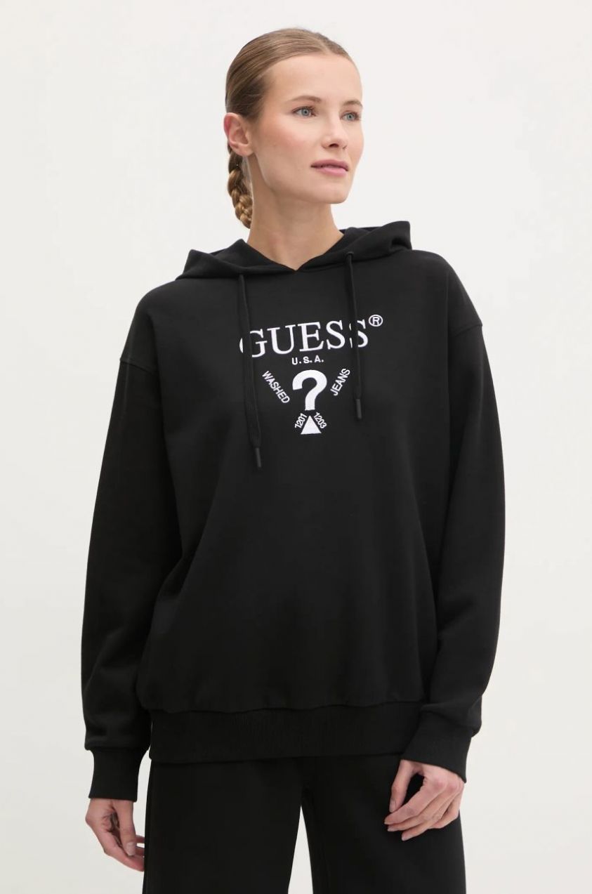 Mikina Guess ROBERTA dámska, čierna farba, s kapucňou, s nášivkou, V5RQ11 KC3D2