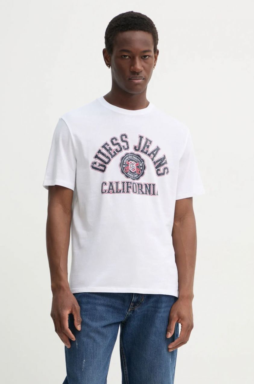 Bavlnené tričko Guess Jeans pánske, biela farba, s potlačou, M5RI80 K8HM0