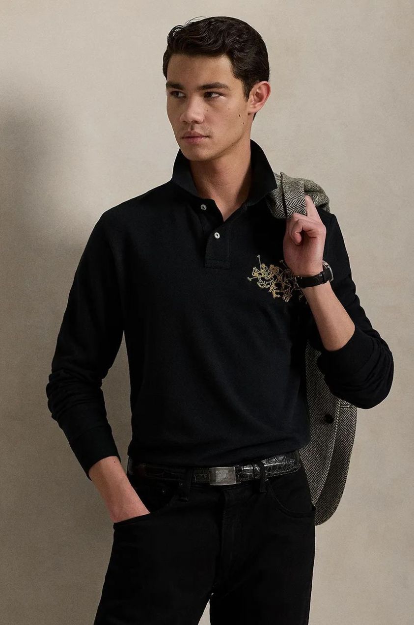 Bavlnené tričko s dlhým rukávom Polo Ralph Lauren čierna farba, jednofarebné, 710968950