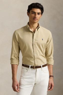 Bavlnená košeľa Polo Ralph Lauren pánska, béžová farba, slim, s golierom button-down, 710960643