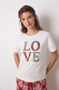 Bavlnené tričko women'secret MIX AND MATCH LOVE ACTUALLY dámske, béžová farba, 3278422