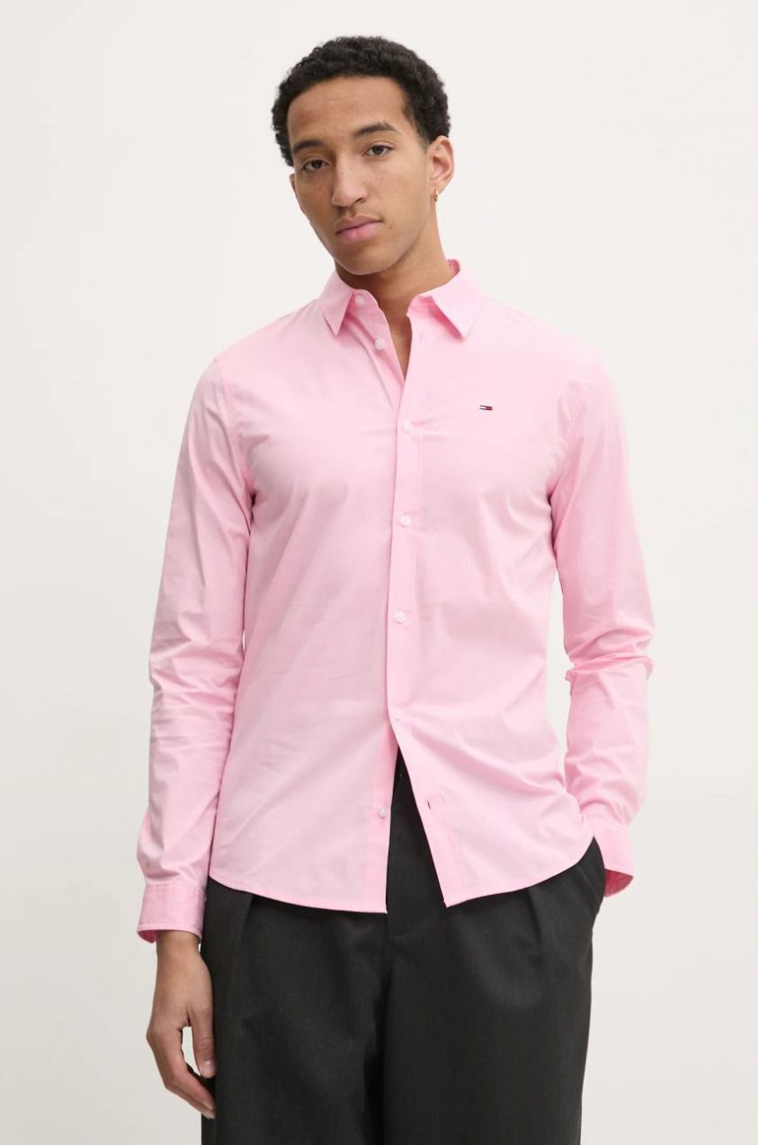 Košeľa Tommy Jeans pánska, ružová farba, slim, s klasickým golierom, DM0DM04405
