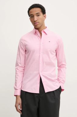 Košeľa Tommy Jeans pánska, ružová farba, slim, s klasickým golierom, DM0DM04405