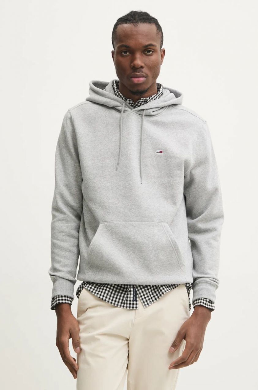 Mikina Tommy Jeans pánska, šedá farba, s kapucňou, jednofarebná, DM0DM20742