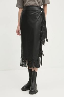 Kožená sukňa Never Fully Dressed Vegan Leather Fringe Jaspre čierna farba, midi, puzdrová, NFDSK573