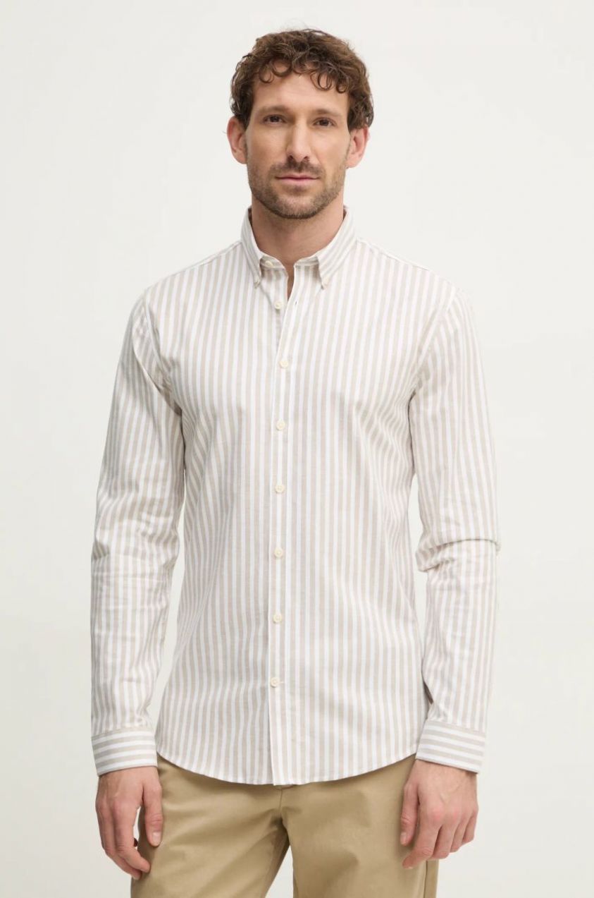 Košeľa Lindbergh pánska, béžová farba, regular, s golierom button-down, 30-203536